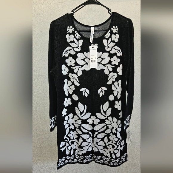 NY Collection Dana Sweater Dress Black and White Floral Long Sleeve Jacquard - Picture 1 of 5